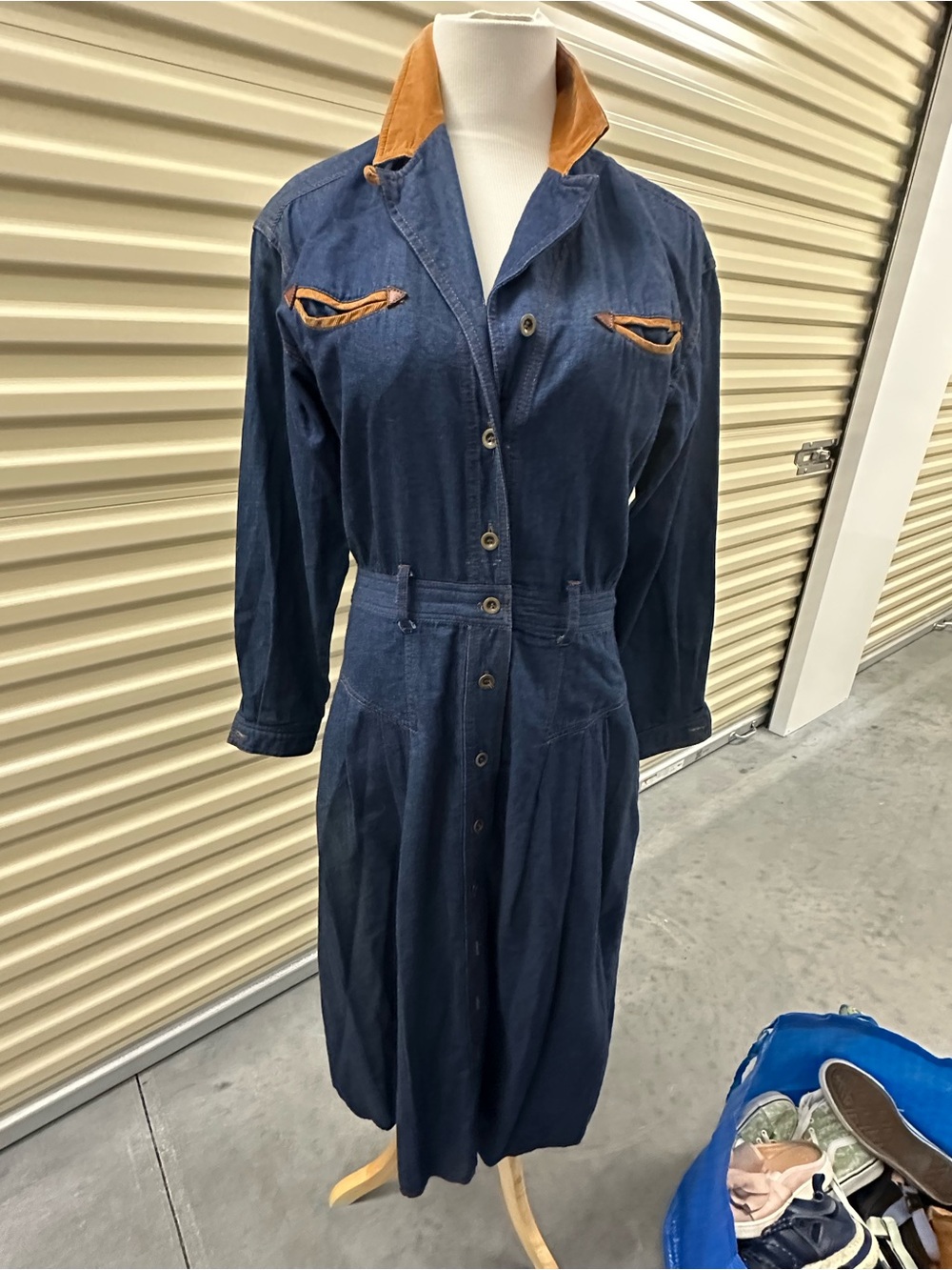 Liz Claiborne Navy Denim Dress with Tan Corduroy Collar